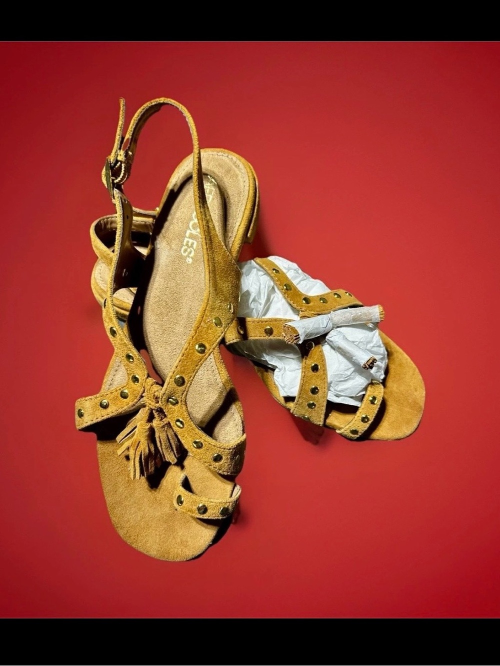 AEROSOLES Tan Suede Strappy Studded Tassel Slingback Sandals 8.5M
